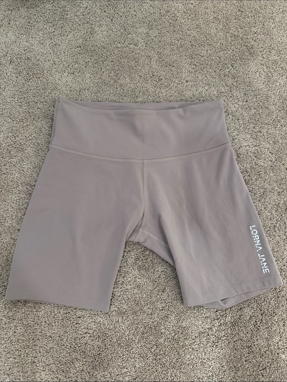Lorna Jane High-Waist Bike Shorts in Taupe Gray